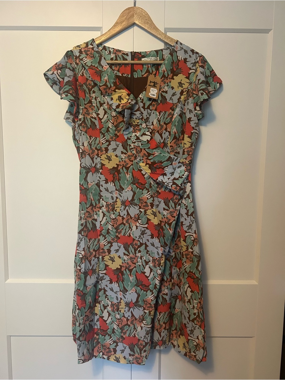 Short Sleeve Floral Midi Wrap Dress in Red, Green & Brown